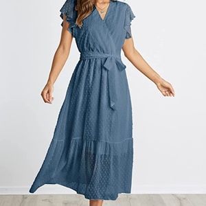 Amazon BTFBM Women Casual Wrap V Neck Ruffle Cap Sleeveless Belt Blue